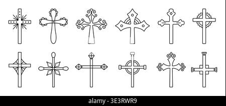 Christian cross black line icon set. Monochrome outline decorative sign collection, editable stroke isolated religious symbols, elegant and stylish va Stock Vector