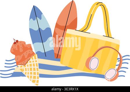 Cartoon summer time concept illustration with coastal elements and items. Surfboards and beach bag, headphones, ice cream. Vector illustration with be Stock Vector
