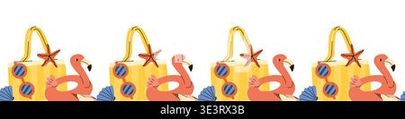 Summer vacation on coastal seamless border. Vacation elements flamingo floating ring, sunglasses and beach bag. Stock Vector
