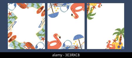 Summer Vacation Tourism and Travel Frames set. Vacation elements in cartoon flat style. Map and backpack, headphones, snickers frame. Summer backgroun Stock Vector