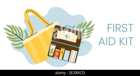 Travel first aid kit concept illustration. Travel aid banner template. First aid kit for traveling with cotton, bandage, sunscreen bottle, reppelent a Stock Vector