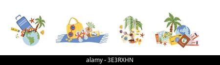 Summer vacation compositions set. Luggage elements on globe, Beach accessories, mediterranean icons, tropical coastal illustrations. Stock Vector