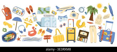 Vacation plane luggage elements for tropical vibe in cartoon flat style. Travel by plane items and beach seaside elements. Summer vacation essentials Stock Vector