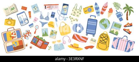 Summer vacation essentials set. Summer travel elements for airport. Travel luggage, trip packing, mediterranean items. Vector illustration in cartoon Stock Vector