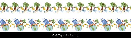 Travel tourism seamless border pattern. Suitcases, map, backpack, palm planet. Tourism flat vector illustration. Isolated on white background. Stock Vector