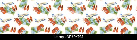 Travel suitcases and globe seamless pattern. Tourism elements texture. Plane, map and backpack print. Stock Vector