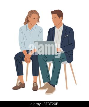 Two professionals sit focused on a laptop Stock Vector
