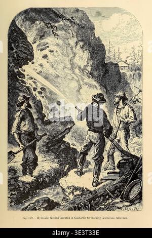 Gold miners using high pressure water jets to wash auriferous alluvium in California during the 19th century gold rush. Underground life : or, Mines and miners by Simonin, Louis, 1830-1886; Bristow, Henry W. (Henry William), 1817-1889 Publication date 1869 Stock Photo
