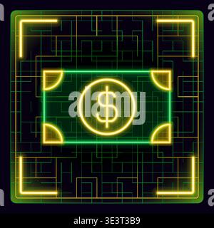 Banknotes money cash icon. Dollar bill illustration. Glowing icon with border grid vector. Business, salary, currency, banknote. Stock Vector
