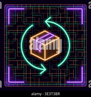 Delivery box, package return. Futuristic tech editable glowing illustration. Cargo shipping business concept. Stock Vector