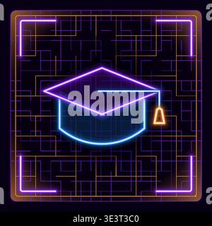 Graduation, education cap symbol. College, school and university graduation ceremony sign, academical degree. Glowing icon with border grid vector. Stock Vector