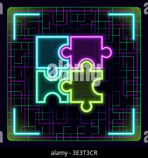 Four pieces of jigsaw puzzle. Teamwork , challenge, inovation concepts. Cyber neon futuristic icon. Stock Vector