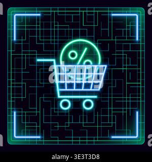 Discount shopping cart sale icon illustration. Neon glow editable icon design. Stock Vector