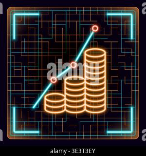 Growing money earnings graph illustration. Financial, business, progress and Investment. Growing stack of gold coins. Neon glow editable icon design. Stock Vector
