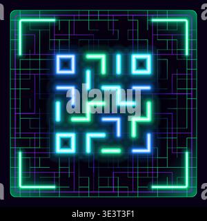 Digital scanning qr code label illustration. Glowing icon with border grid vector. Stock Vector