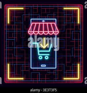 Smartphone featuring an online store interface, shopping cart purchase itens. Glowing icon with border grid vector. Stock Vector