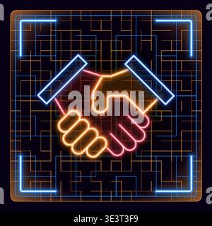 Business deal handshake icon. Neon glow editable icon design. Agreement partnership, shaking hands illustration. Stock Vector