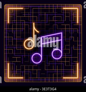 Musical note icon, music notation symbols for audio sound and melody design. Glowing icon with border grid vector. Stock Vector
