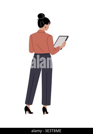 Business Woman stands holding tablet Back view  Stock Vector