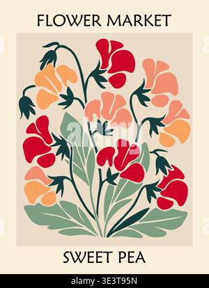 Flower market poster featuring abstract sweet pea Stock Vector