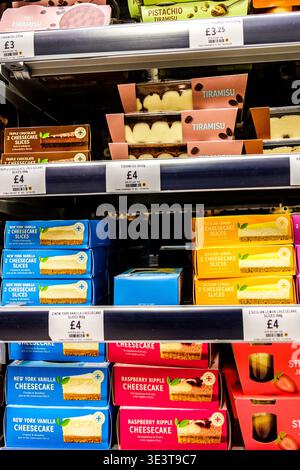 London UK March 24 2026, Selection of Popular Supermarket Tiramisu and Cheesecakes Ready Made Desserts Stock Photo