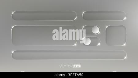 Sleek glassmorphic user interface elements set for modern design. Empty buttons, toggles, and fields. Vector illustration. Stock Vector