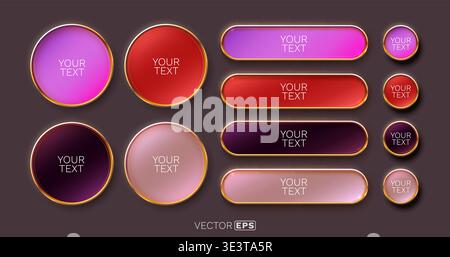 Modern shiny buttons and badges with golden border, perfect for web UI design elements and banners. Vector illustration Stock Vector