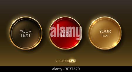 Set of three glossy buttons with golden frame. Elegant luxury design element for web, banner, or label. Vector illustration. Stock Vector