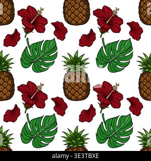 Tropical vector pattern with pineapples, hibiscus flowers, and monstera leaves Stock Vector