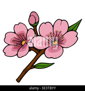Delicate vector illustration of pink peach blossoms with a bud and green leaves on a branch Stock Vector