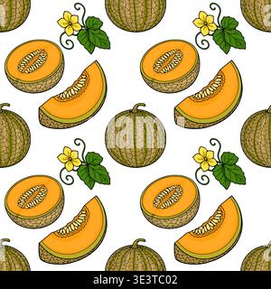 Seamless vector pattern of ripe cantaloupe melons, slices, and yellow flowers with green leaves on a white background. Stock Vector