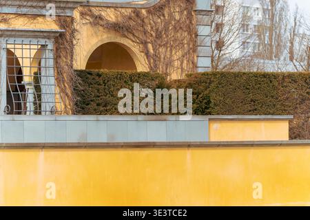 Yellow wall with stone archway. Ivy clings to stone structure. Green hedge separates wall from building. Metal gate visible through arch. Trees stand Stock Photo