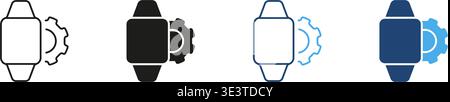Smartwatch With Gear Solid Icon Set. Wearable Technology, Device Customization, And Settings Adjustment Silhouette Symbol Collection. Tech Innovation Stock Vector