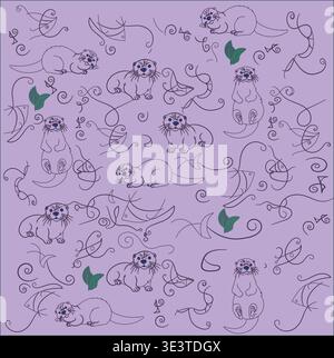 Huillín Floral Pattern Vector – Minimalist Patagonian Otter Line Art for Eco Stationery and Botanical Design. Stock Vector