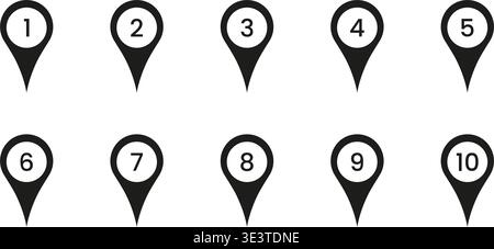 Black Numbered Location Pin Solid Icon Set. Sequential Map Marker Silhouette Symbol Collection. Navigation, Geolocation, And Wayfinding Design Stock Vector