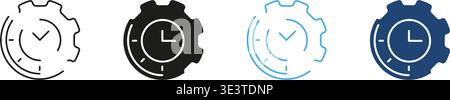 Clock And Gear Solid Icon Set. Time Management, Efficiency, And Productivity Outline And Silhouette Symbol Collection. Business Optimization And Stock Vector