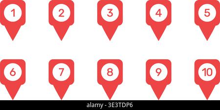 Numbered Location Pin Solid Icon Set. Sequential Navigation, Route Planning, And Geolocation Markers Silhouette Symbol Collection. Map Pointer With Stock Vector