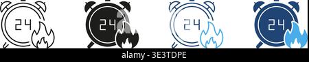 24-Hour Timer With Fire Icon Set. Time Management, Urgency, And Productivity Enhancement Symbol Collection. Alarm Clock With Flame For Deadline And Stock Vector