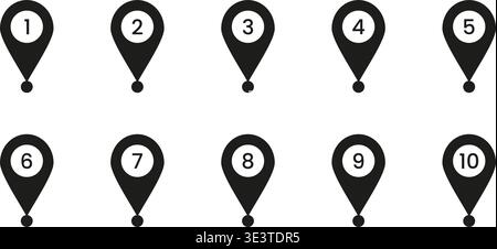 Black Numbered Location Pin Solid Icon Set. Sequential Map Marker Silhouette Symbol Collection. Navigation, Geolocation, And Wayfinding Design Stock Vector
