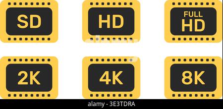 Video Resolution Icons In Silhouette Set. Digital Display Quality Symbol Collection. Video and TV Size Resolution Icons. Multimedia And Technology Use Stock Vector