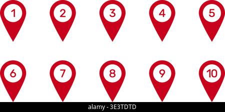 Numbered Location Pin Markers for Navigation and Mapping Icon Set. Geographic Position Indicators and Route Point Pins for Maps and Tracking Symbol Stock Vector
