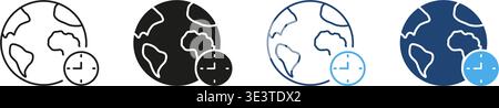 World Globe With Clock Icon Set. Global Time Zones, International Scheduling, And Worldwide Coordination Symbol Collection. Time Management And Global Stock Vector