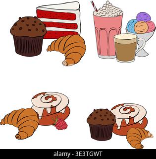 Hand drawn doodle sweets. Set of vector cartoon macaroon croissant for logo, icon or design element. Cafe composition hand drawn illustration. Vector Stock Vector