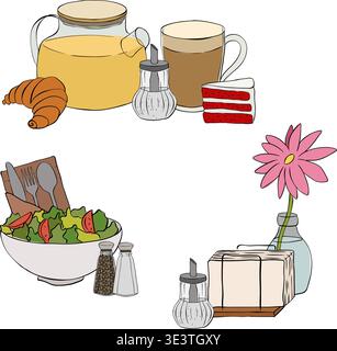 Tea time Cafe composition set hand drawn illustration. Vector graphic line ink art. Silhouette sign for logo, print, comics, fashion, pop art, boards, Stock Vector