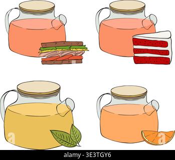 teapots Cafe composition set hand drawn illustration. Vector graphic line ink art. Perfect for cafe logo, branding, packaging, labels, and modern deco Stock Vector