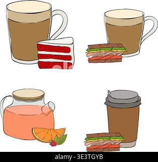 coffee tea sweets sandwich Cafe composition set hand drawn illustration. Vector graphic line ink art. Perfect for cafe logo, branding, packaging, labe Stock Vector