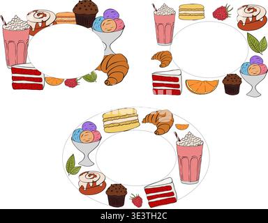 dessert Frame template Oval Cafe set hand drawn illustration. Vector graphic line ink art. For poster, invitation, backdrop, ad, sale promotion, print Stock Vector