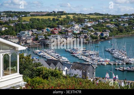 View over Kinsale Harbour and marina with yachts and colourful hillside houses in County Cork, Ireland. Stock Photo