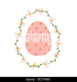 Pink Easter egg with polka dot pattern inside delicate daisy wreath. Soft pastel hand drawn spring illustration. Perfect for greeting card, nursery Stock Vector