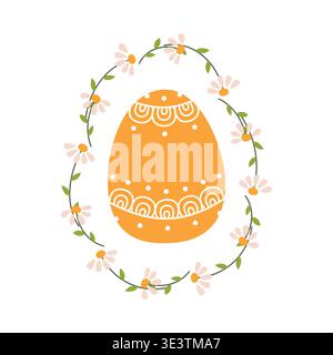 Orange Easter egg with white lace ornament and polka dot pattern inside daisy wreath. Cute pastel hand drawn spring illustration. Perfect for greeting Stock Vector